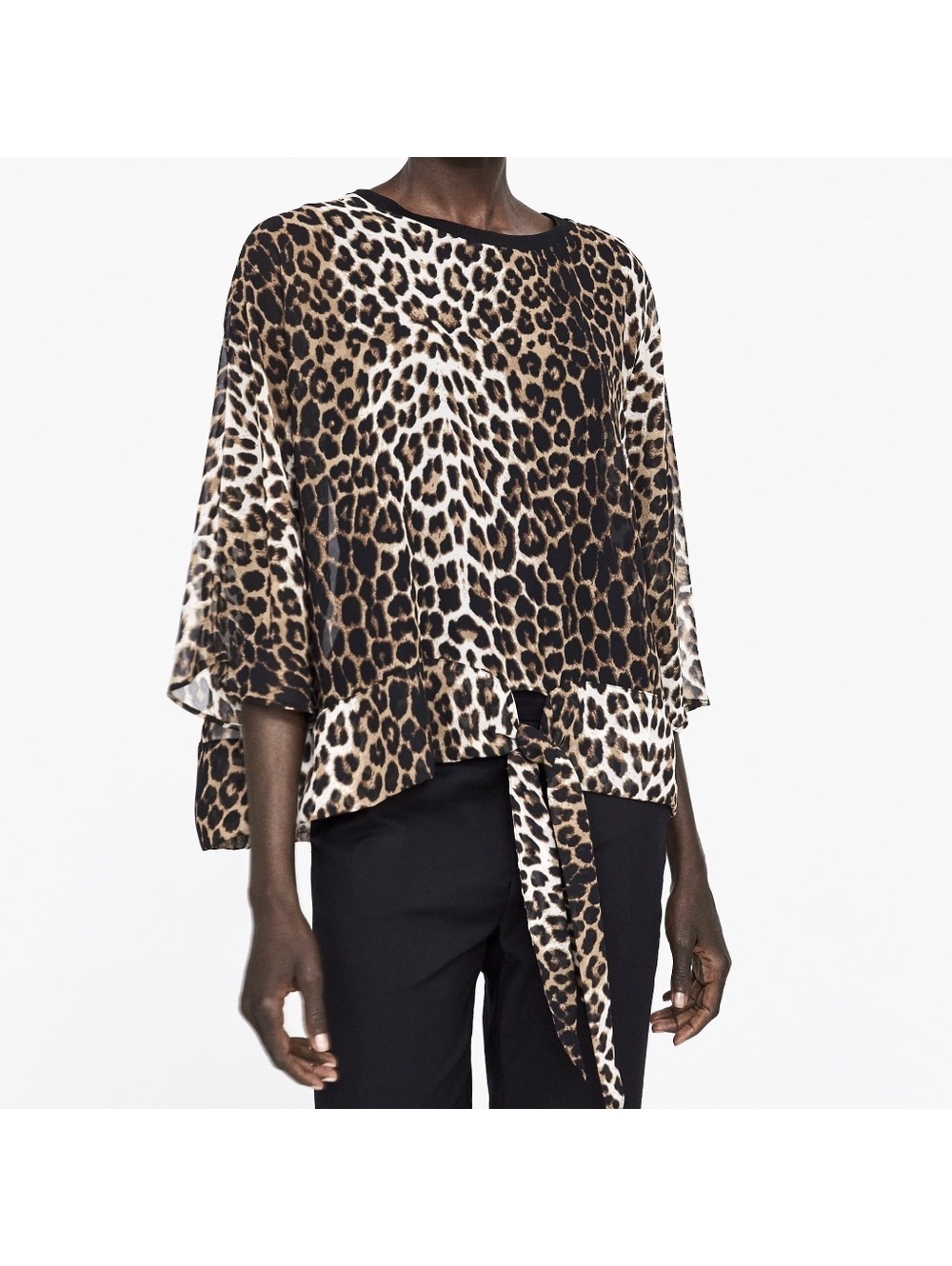 ZARA Blouse Women XS Cream Black Good Animal Print Leopard Print Sheer